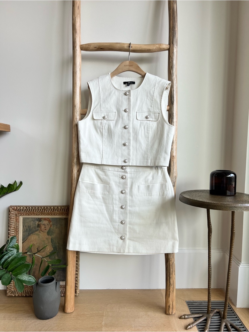 7 for All Mankind White Button-Front Sleeveless Two-Piece Skirt Set